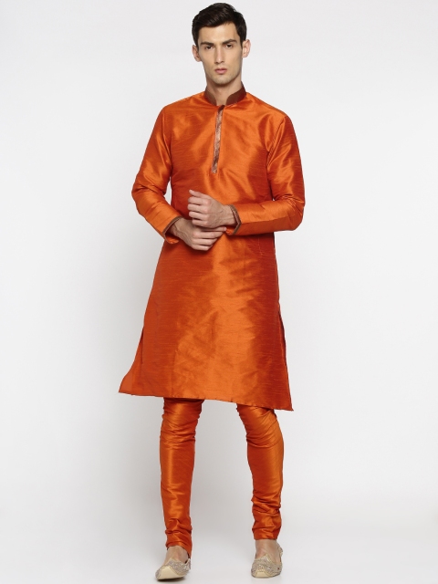 

British Club Men Rust Orange Solid Kurta with Churidar