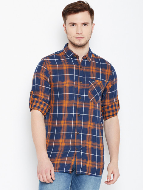 

Jack & Jones Men Orange & Blue Slim Fit Checked Casual Shirt