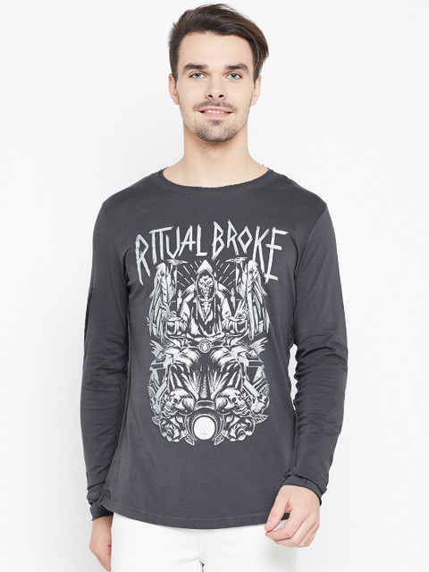 

Jack Jones Men Grey Printed Round Neck Pure Cotton T-shirt