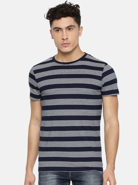 

Jack & Jones Men Navy Blue & White Striped Round Neck T-shirt