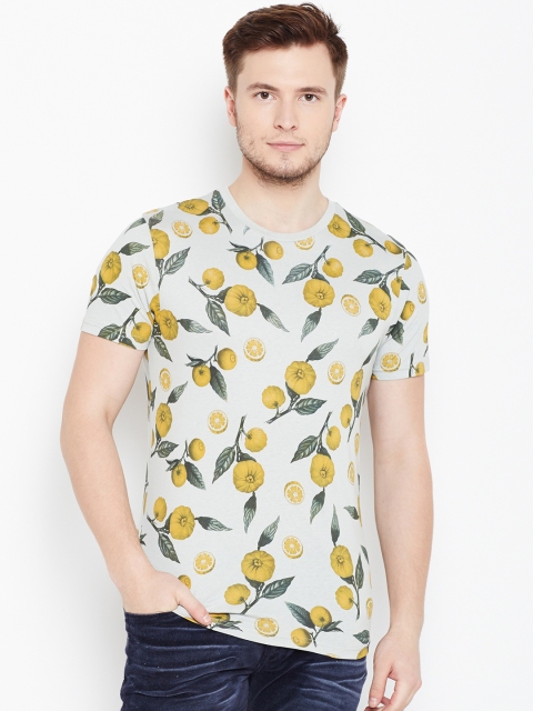 

Jack & Jones Men Grey Melange & Mustard Yellow Printed Round Neck T-shirt