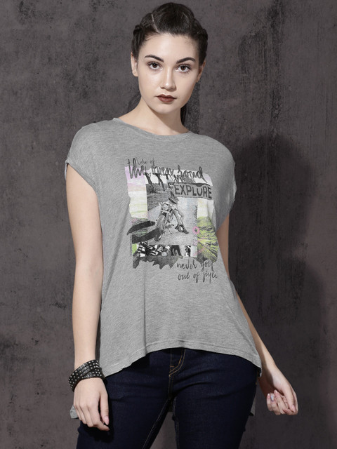 

Roadster Women Grey Printed Round Neck T-shirt