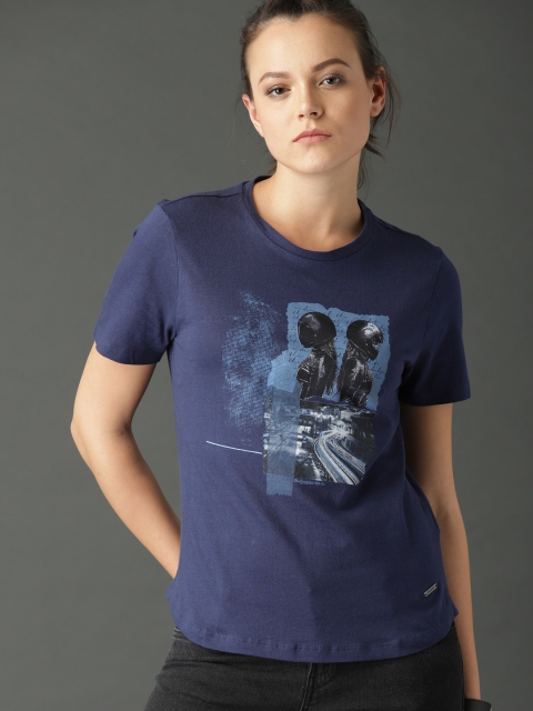 

Roadster Women Navy Blue Printed Round Neck Pure Cotton T-shirt