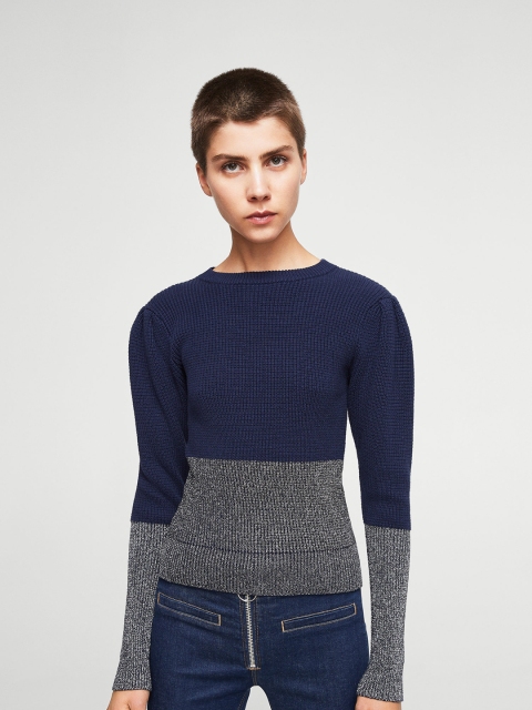 

MANGO Women Navy Blue & Silver Colourblocked Sweater