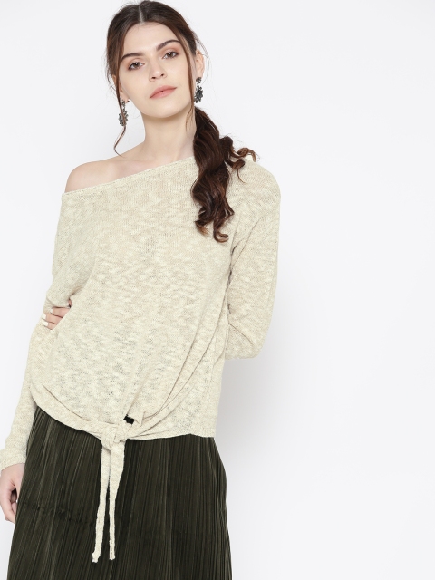 

MANGO Women Cream-Coloured & Off-White Self-Design Front Tie-Up Sweater