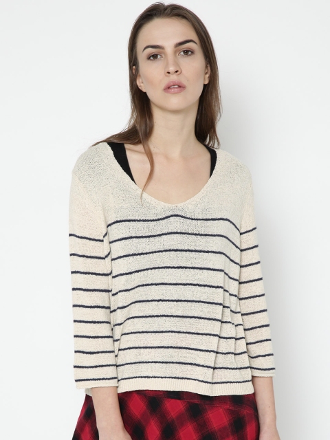 

MANGO Women Beige & Navy Striped Sweater