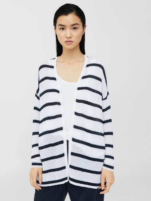 

MANGO Women Off-White & Navy Blue Striped Front-Open Sweater