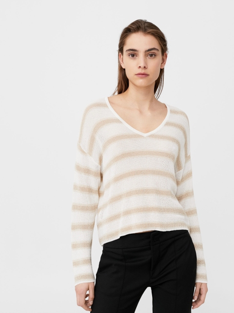 

MANGO Women White & Beige Striped Sweater