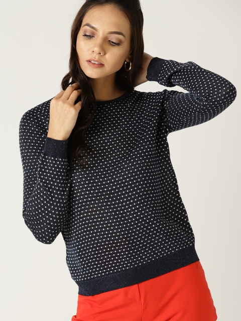 

MANGO Women Navy Blue & White Shimmered Self-Design Sweater
