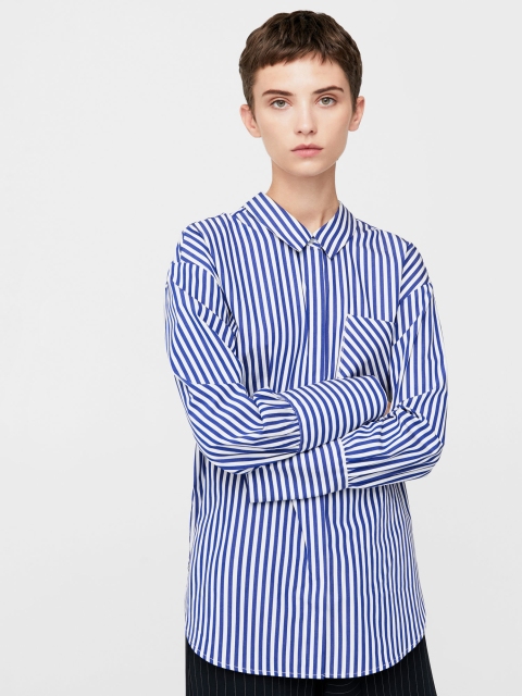 

MANGO Women Blue & White Regular Fit Striped Casual Shirt