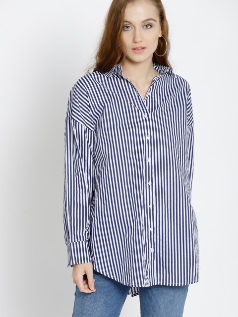 

MANGO Women White & Blue Regular Fit Striped Casual Shirt