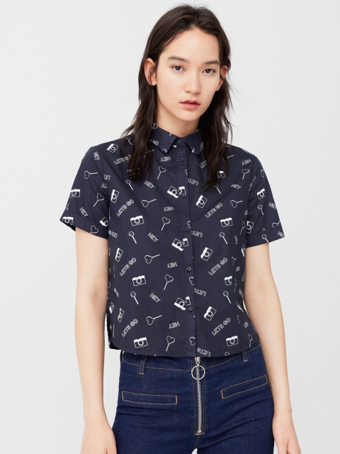 

MANGO Women Navy Blue & White Regular Fit Printed Crop Casual Shirt