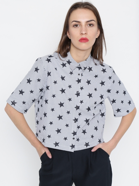 

MANGO Women White & Black Regular Fit Printed Casual Shirt