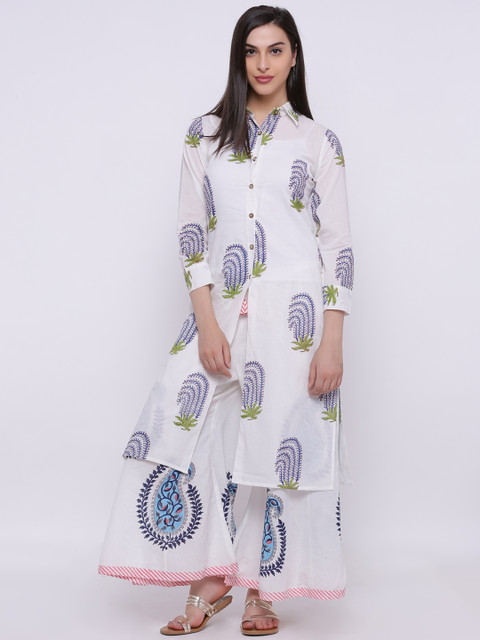 

BLOCK STUDIO Women White & Blue Block Print Straight Kurta