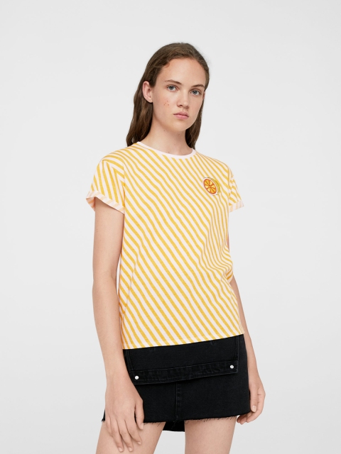 

MANGO Women Yellow & White Striped Round Neck T-shirt