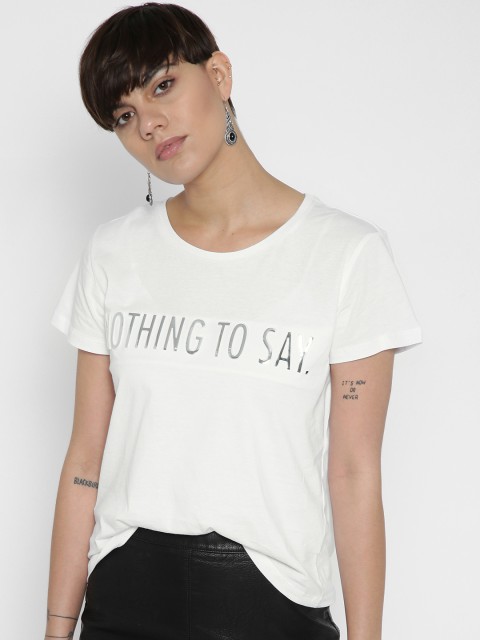 

MANGO Women White Printed Round Neck T-shirt