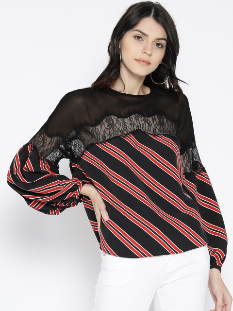 

MANGO Women Black & Red Striped Top