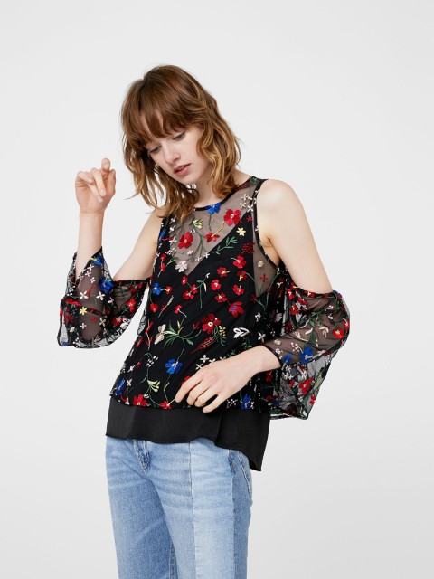 

MANGO Women Black Floral Embroidered Sheer Cold Shoulder Top