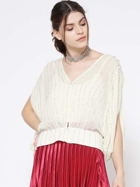

MANGO Women Cream-Coloured Embellished Cinched Waist Top