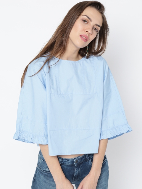 

MANGO Women Blue Solid Boxy Top