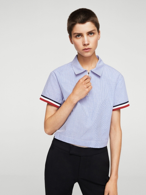 

MANGO Women Blue Striped Shirt Style Top
