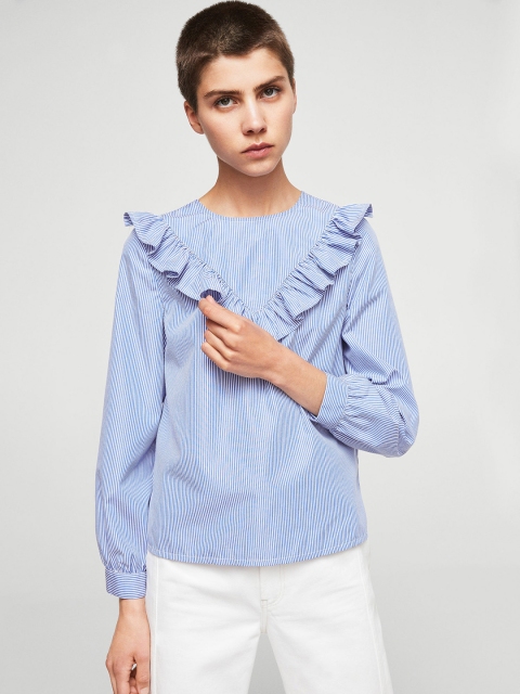 

MANGO Women Blue Ruffled Striped Top