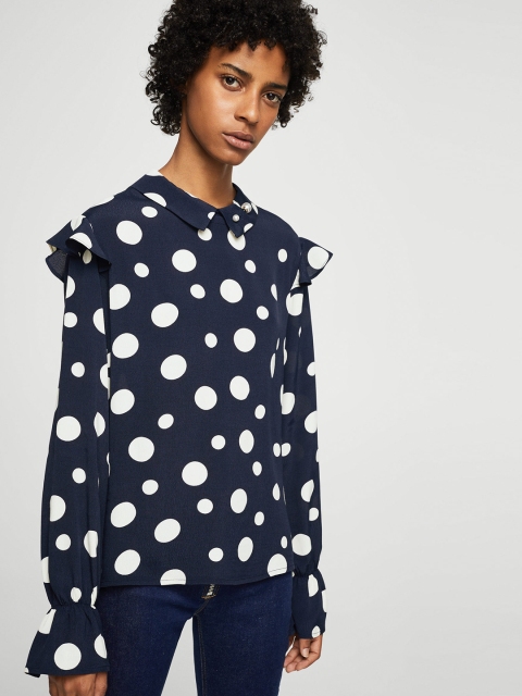 

MANGO Women Navy Blue Polka Dot Print Styled Back Top