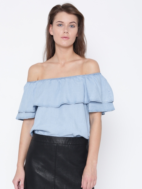 

MANGO Women Blue Solid Layered Bardot Top