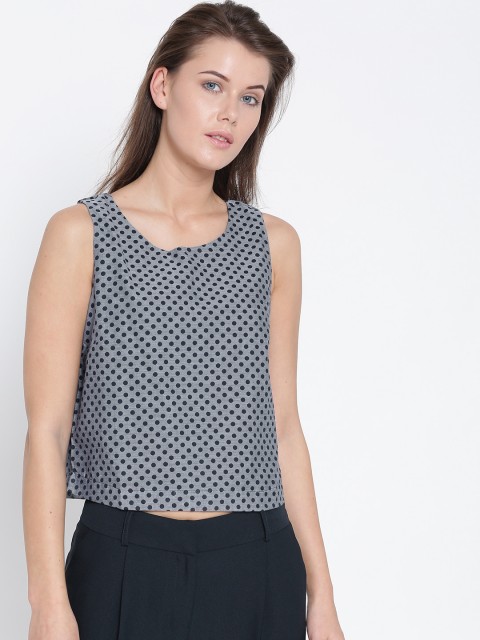 

MANGO Women Grey & Navy Printed Top