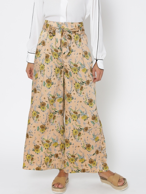 

MANGO Women Beige & Green Printed Flared Palazzos