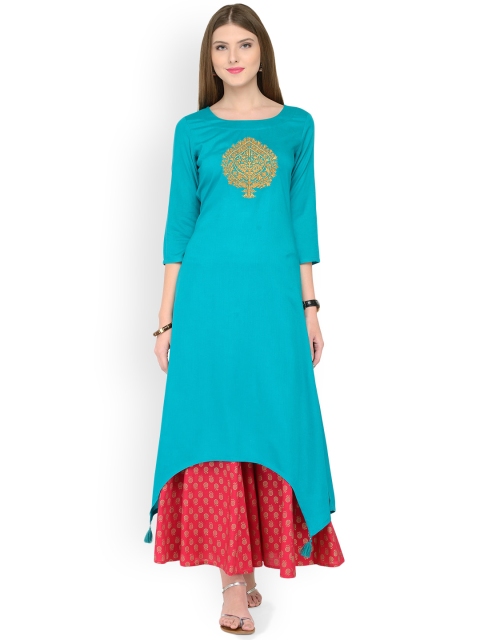 

Varanga Women Blue & Pink Solid Embroidered Kurta & Foil Print Palazzos