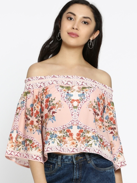 

Ginger by Lifestyle Women Peach-Coloured Floral Print Bardot Top