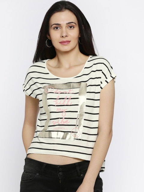 

Smiley World Women Off-White & Black Striped Round Neck T-shirt