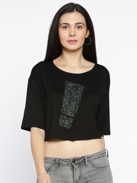 

Ginger by Lifestyle Women Black Embellished Boxy Crop Top