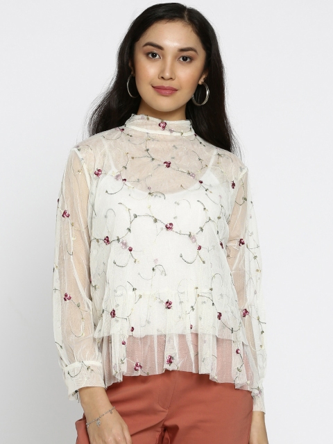 

Ginger by Lifestyle Women Off-White Self Design Sheer Top