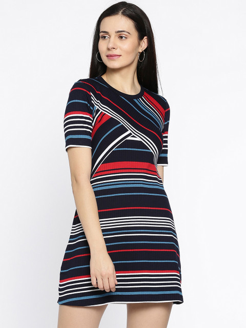 

Ginger by Lifestyle Women Navy Blue Striped Sheath Dress