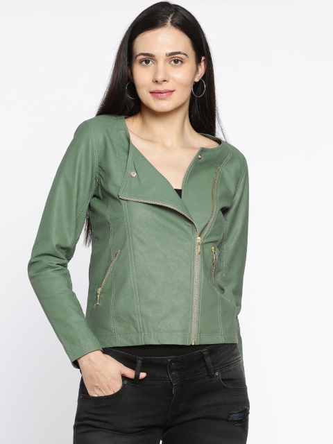 

Ginger by Lifestyle Women Green Solid Biker Jacket