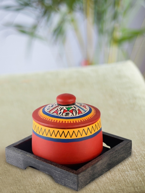 

ExclusiveLane Red Hand-Painted Jar with Tray