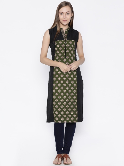 

Soch Women Olive Green & Black Printed Straight Kurta