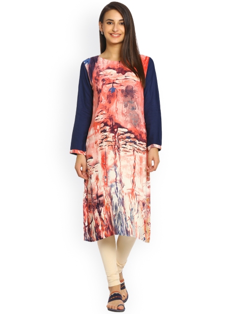 

Soch Women Pink & Navy Blue Printed Straight Kurta