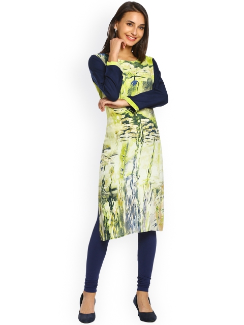 

Soch Women Green & Navy Blue Printed Straight Kurta