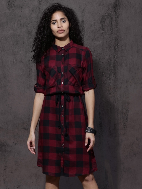 

Roadster Women Maroon & Black Checked Shirt Dress