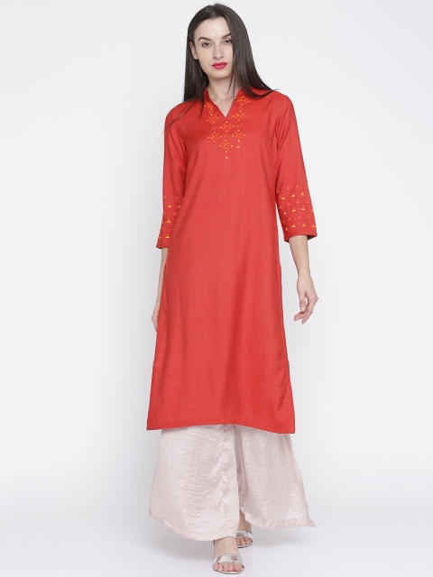 

Fabindia Women Red Solid Straight Kurta