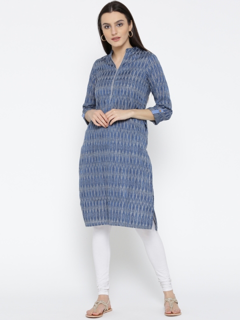 

Biba Women Blue & Grey Ikat Woven Design Straight Kurta