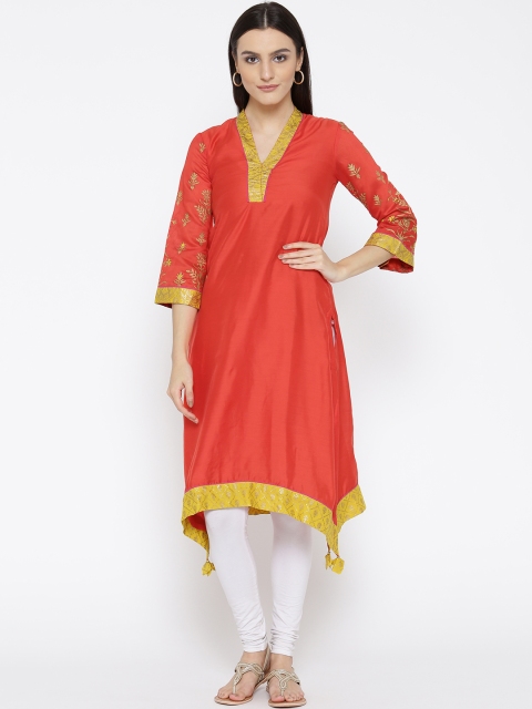 

Biba Women Red Solid Asymmetrical Hem A-Line Kurta
