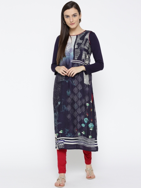 

Biba Women Navy Printed Layered Straight Kurta, Navy blue