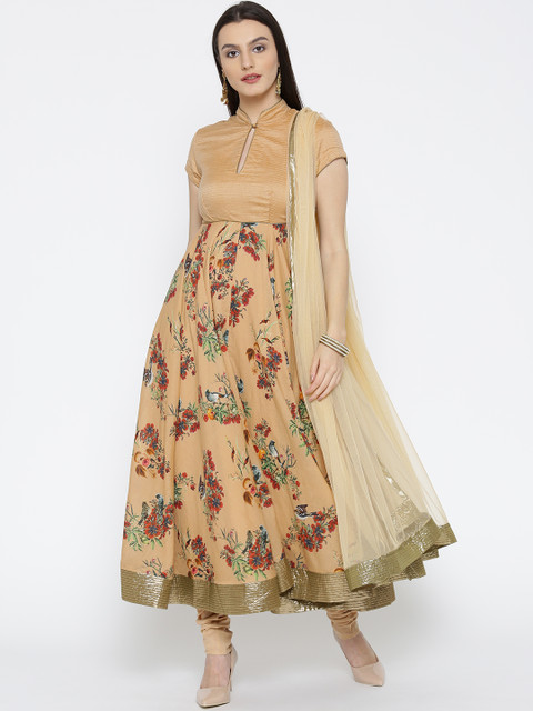 

Biba Women Beige Printed Kurta with Churidar & Dupatta