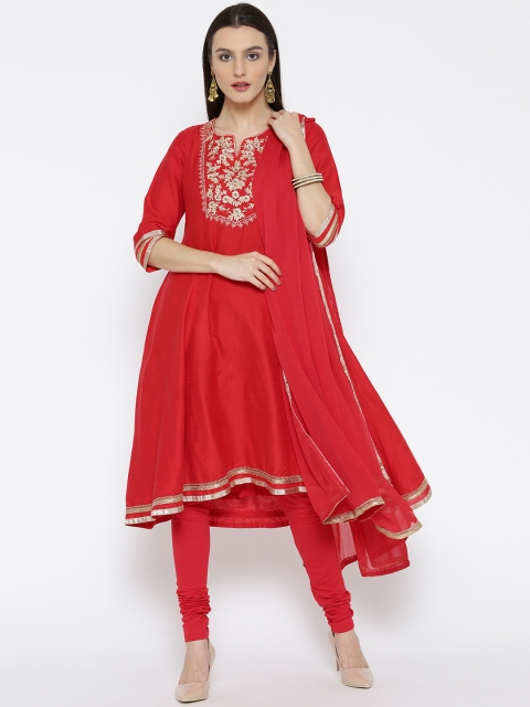 

Biba Women Red Solid A-Line Kurta with Churidar & Dupatta