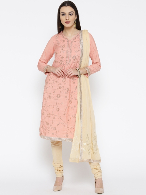 

Biba Women Peach-Coloured & Beige Embroidered Kurta with Churidar & Dupatta