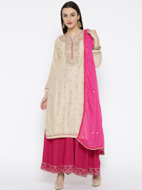 

Biba Women Beige & Pink Embroidered Kurta with Palazzos & Dupatta